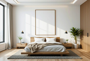 Minimalist bedroom interior with large blank white poster on white wall. 3D Rendering