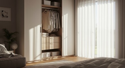 Modern bedroom interior with open wardrobe closet displaying neutral clothing, creating a minimalist and organized space, ideal for home decor and lifestyle inspiration.