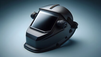 Industrial-grade welding helmet with soft blue backdrop featuring clear visor and safety detailing