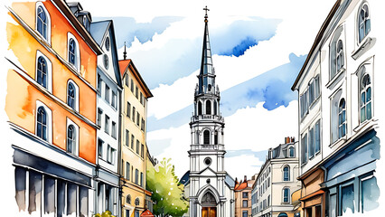 Naklejka premium Watercolor Painting of European Town Street with Church Spire Under Cloudy Sky