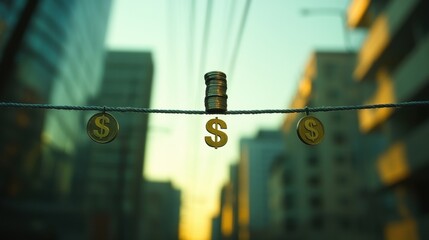 A creative depiction of coins and dollar signs suspended on a wire, symbolizing wealth and urban life against a blurred city backdrop.