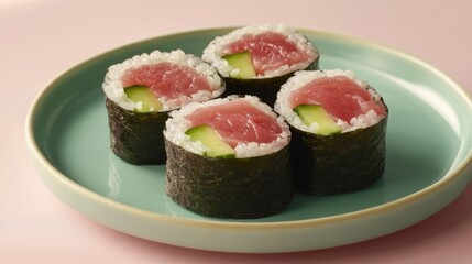 A vibrant plate of sushi with tuna, avocado, and cucumber. Featuring fresh ingredients and balance