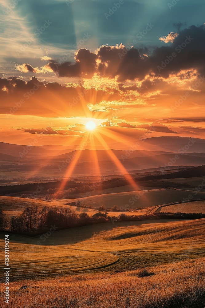 Poster sunburst over landscape with clouds and golden light creating a
