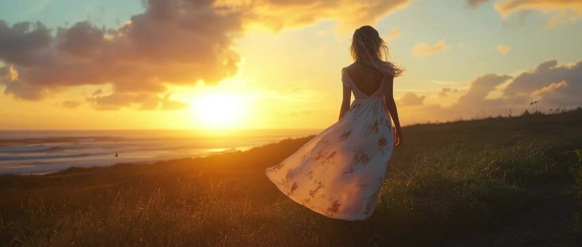 A woman walking along a grassy hill at sunset in a flowing floral dress blowing in the wind, golden hour lighting with slow backward dolly movement capturing serene, cinematic coastal beauty.