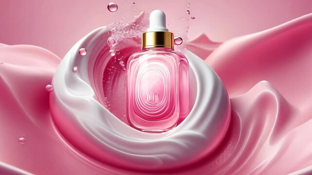 Ethereal beauty: a pink serum bottle embraces luxurious creams, evoking rejuvenation and pampering