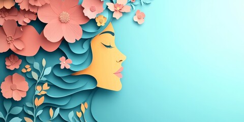 Illustration of face and flowers style paper cut with copy space for international women's day, Generative AI