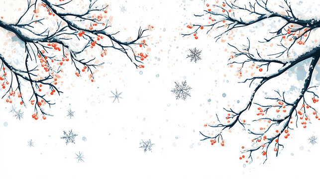 Watercolor winter background with branches berries and snowflakes for christmas design