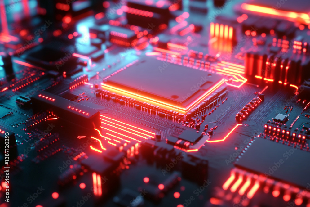 Aufkleber futuristic microchip circuitry: a mesmerizing close-up of an intricate microchip circuit board, illu