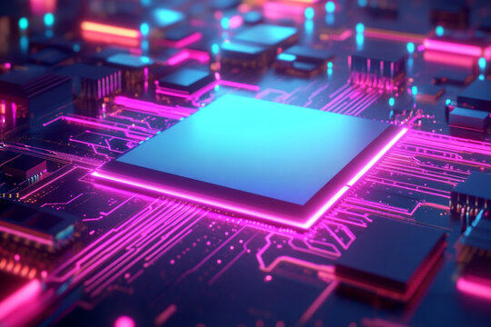 Futuristic Processor: High-tech circuit board, neon-illuminated processor with glowing digital pathways, a visual ode to technological advancement.
