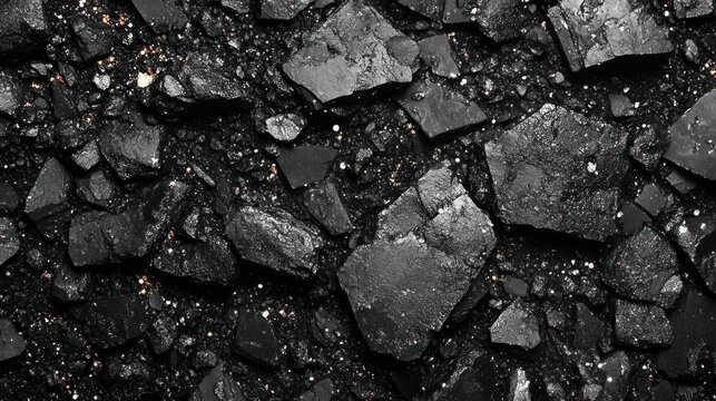 Crushed black coal rock pieces, gold dust, ground level, mining background, fuel