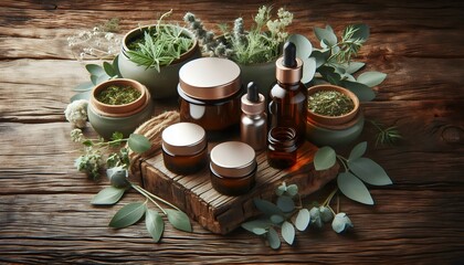 Natural skincare and CBD product mockup with herbal elements and wooden textures for eco-friendly beauty concept