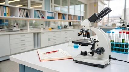 microscope with lab glassware, science laboratory research and development