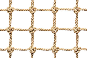 Detailed rope mesh with seamless knots, showcasing pattern repetition and strong twisted fibers in grid layout, isolated on a transparent background