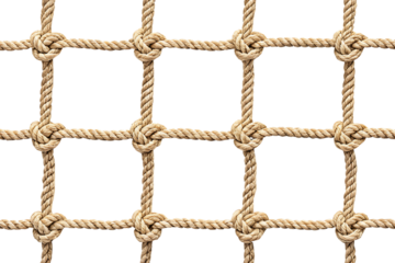 Detailed rope mesh with seamless knots, showcasing pattern repetition and strong twisted fibers in grid layout, isolated on a transparent background
