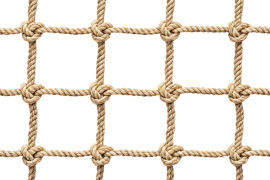 Detailed rope mesh with seamless knots, showcasing pattern repetition and strong twisted fibers in grid layout, isolated on a transparent background