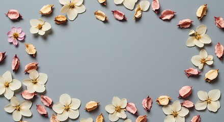 Dried Blossom Frame: Pastel Hues on Grey AI Generated