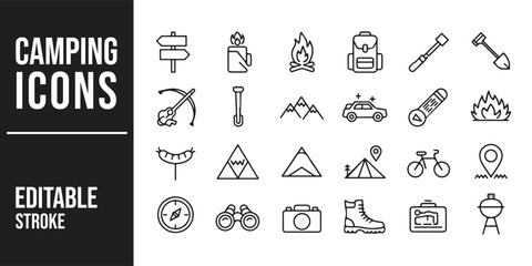 A set of vector icons representing essential camping tools and equipment, including a tent, campfire, backpack, and hiking gear, designed in a minimalist, clean style for use in outdoor and adventure 