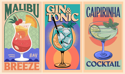 Cocktails retro poster set. Gin and Tonic, Malibu Bay Breeze, Caipirinha. Collection popular alcohol drinks. Vintage style flat vector illustrations for bar, pub, restaurant , kitchen wall art print.