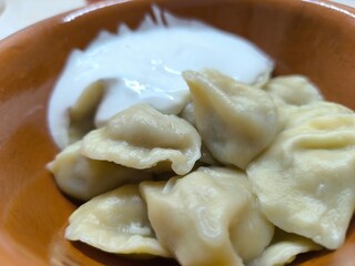 Delicious boiled dumplings lie in a clay plate