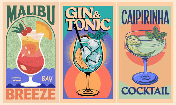 Cocktails retro poster set. Gin and Tonic, Malibu Bay Breeze, Caipirinha. Collection popular alcohol drinks. Vintage style flat vector illustrations for bar, pub, restaurant , kitchen wall art print.