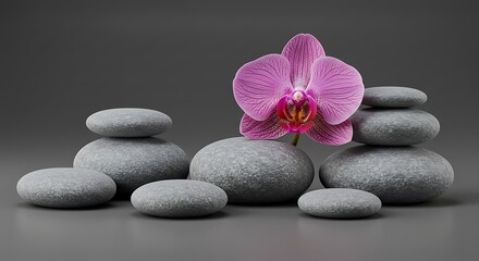 Fototapeta premium Serene Stones & Orchid Bloom: A Moment of Zen AI Generated