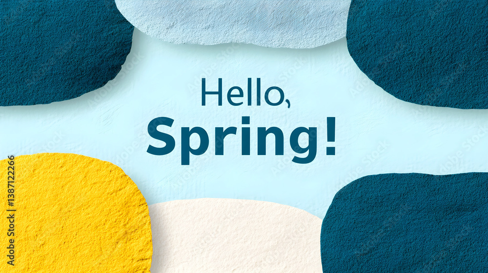 Poster hello spring text on colorful textured background with abstract organic shapes, creative cheerful de