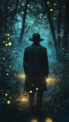 A lone man in a hat stands pensively in an enchanted forest path illuminated by magical lights.  Mysterious and atmospheric.