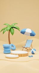 Obraz premium Summer vacation beach abstract background concept, Minimal Realistic Display Podium for Product mock-up or Cosmetics with summer theme, beach umbrella, sand, chairs, inflatable ring. 3d rendering