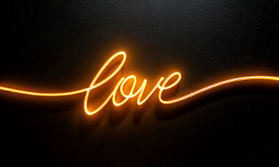 Glowing cursive neon text "love" in golden yellow, on deep black glossy background, minimalistic light halo, elegant and luxurious style