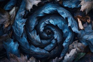 Obraz premium A mesmerizing spiral of dark blue autumn leaves, creating a unique natural artwork.