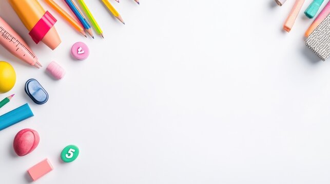 Colorful school supplies are arranged on a white background. Pencils, erasers, and a ruler are featured. The composition is simple, with items clustered in corners. The image is high-quality, brightl
