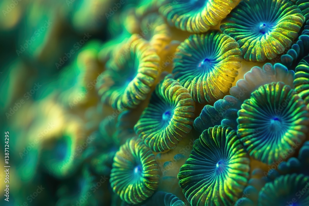 Poster vibrant green and yellow coral polyps create a mesmerizing underwater scene, showcasing intricate te
