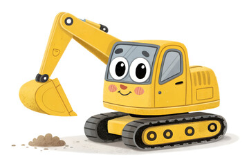 A small yellow cartoon excavator on transparent background, designed as a toy-style illustration for kids.