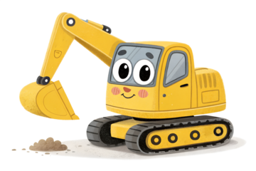A small yellow cartoon excavator on transparent background, designed as a toy-style illustration for kids.