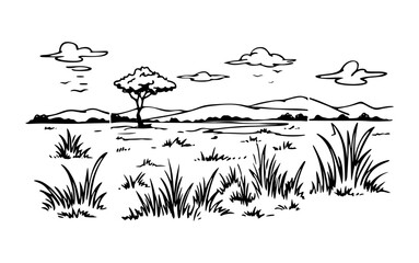 Fototapeta premium Hand Drawn Rural African Savanna Landscape with Solitary Tree
