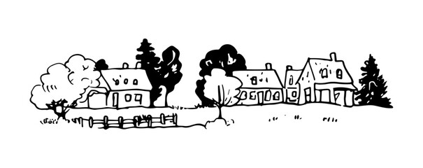Fototapeta premium Cartoon village with houses, trees, and simple fence in black and white line art.