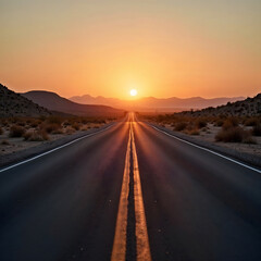 Endless Desert Road at Sunset with Vibrant Sky