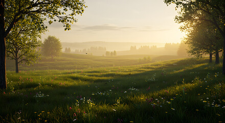 Golden Hour Meadow Landscape with Trees and Sunshine in Serene Nature Scene