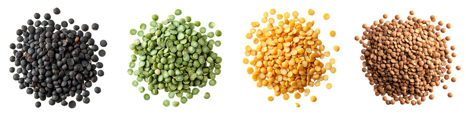 Black, green, yellow, and brown lentils.