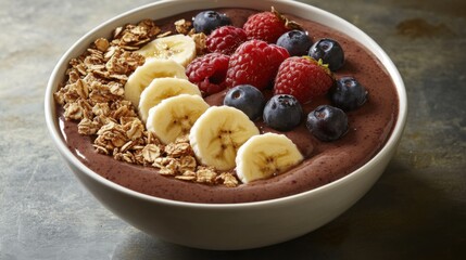 A vibrant smoothie bowl with acai, granola, and fresh fruit. Featuring refreshment and vitality