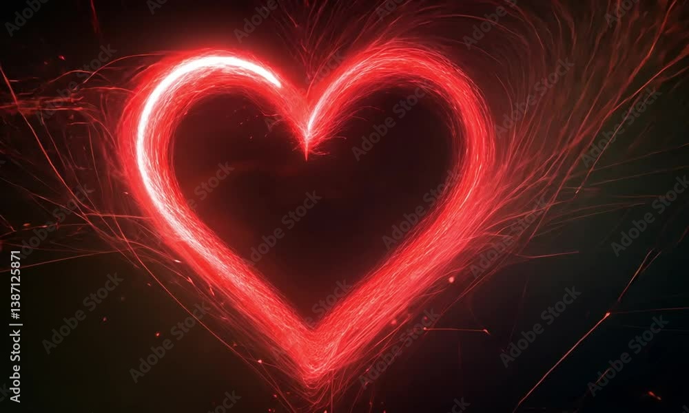Poster luminous red particles forming and filling a heart shape on a deep black background animation made w