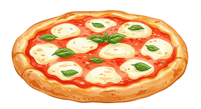 Naklejki Delicious Margherita Pizza with Mozzarella and Basil Italian Cuisine Food Illustration