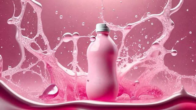 Product visualization for promoting pink drink bottle with splash for branding, mockups
