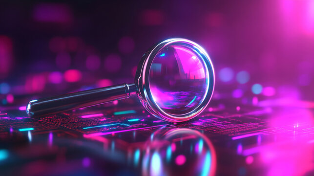 Illuminated magnifying glass on circuit board digital art futuristic environment close-up view technology concept