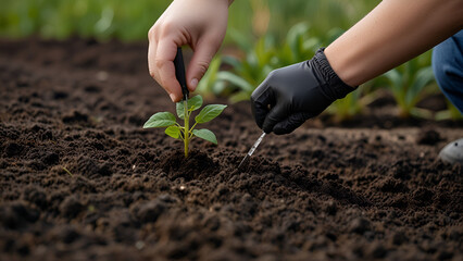 A Close-Up Depiction of Hands Planting Seedlings in Rich Soil with Gardening Tools Nearby Surrounded by Vibrant Green Plants