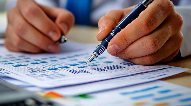 Analyzing financial data office setting business report professional environment close-up view data interpretation