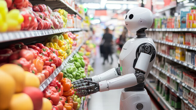 Robot assists shoppers in grocery store modern supermarket digital innovation bright environment close-up automation benefits