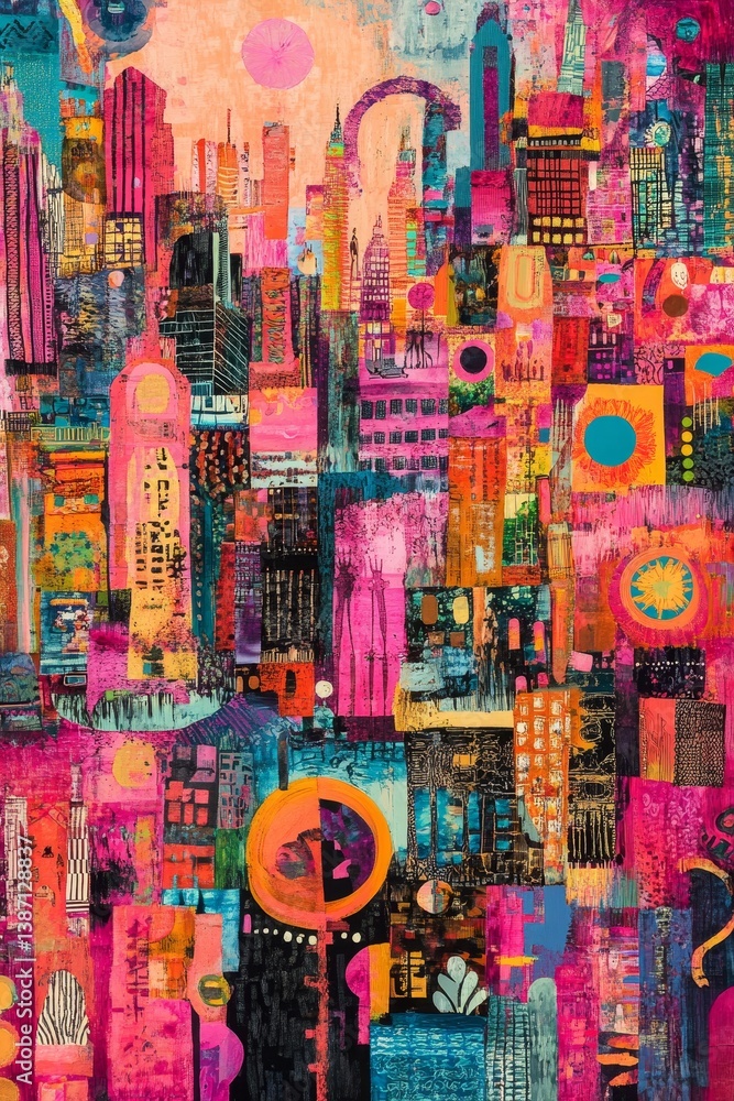 Poster abstract colorful artwork with various shapes and textures creating a