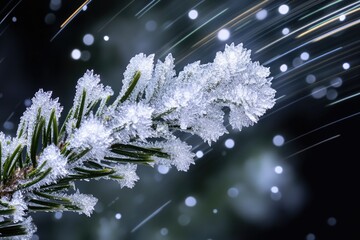 Frost-covered pine needles sparkle against a dark background with bokeh and light trails.
