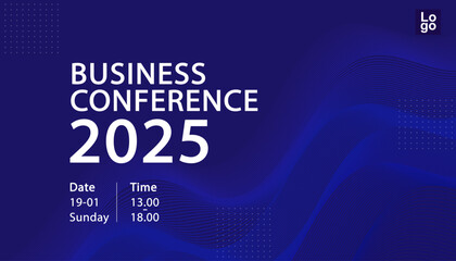 A sophisticated background template for a business conference with abstract liquid waves and a dot pattern. A futuristic dark blue banner for a corporate summit, tech event, or financial forum.